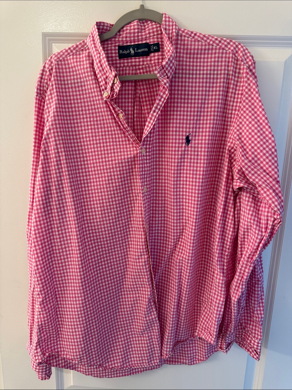Ralph Lauren Pink Gingham Button-Down Shirt with Navy Logo